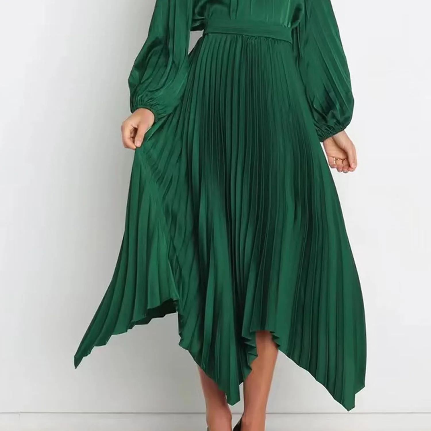 Women's Pleated Midi Long Skirt High Waisted Irregular Hem Solid Summer A-line Swing Flowy Skirts