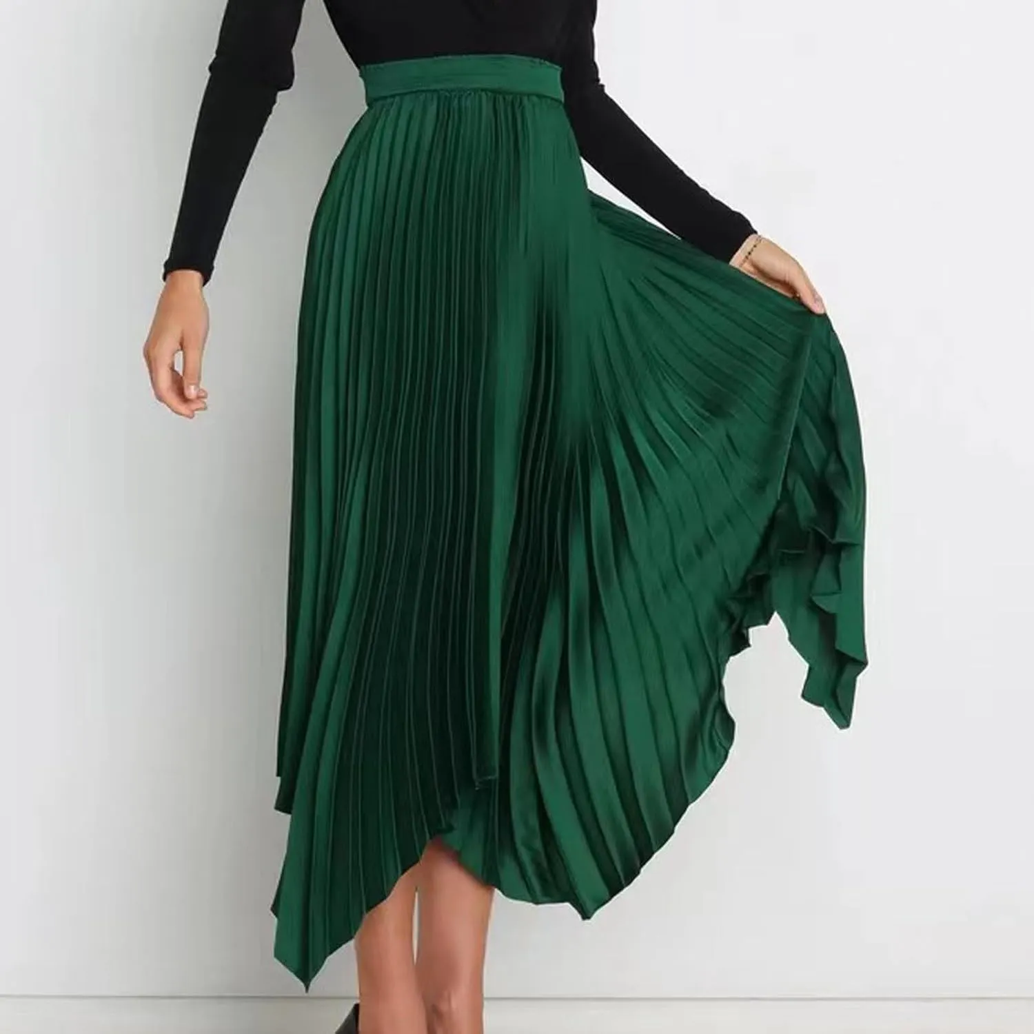 Women's Pleated Midi Long Skirt High Waisted Irregular Hem Solid Summer A-line Swing Flowy Skirts