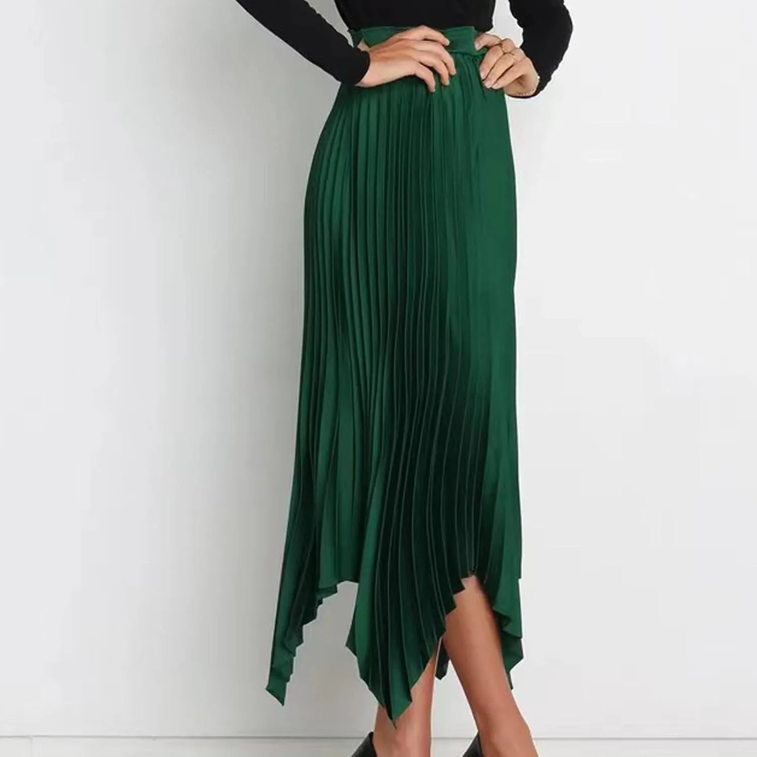 Women's Pleated Midi Long Skirt High Waisted Irregular Hem Solid Summer A-line Swing Flowy Skirts