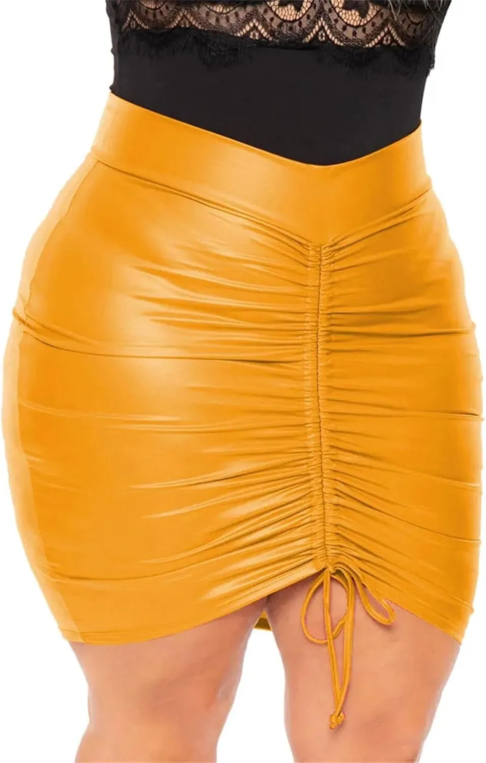Womens Plus Size PU Pencil Skirt Drawstring High Waist Bodycon Office Casual