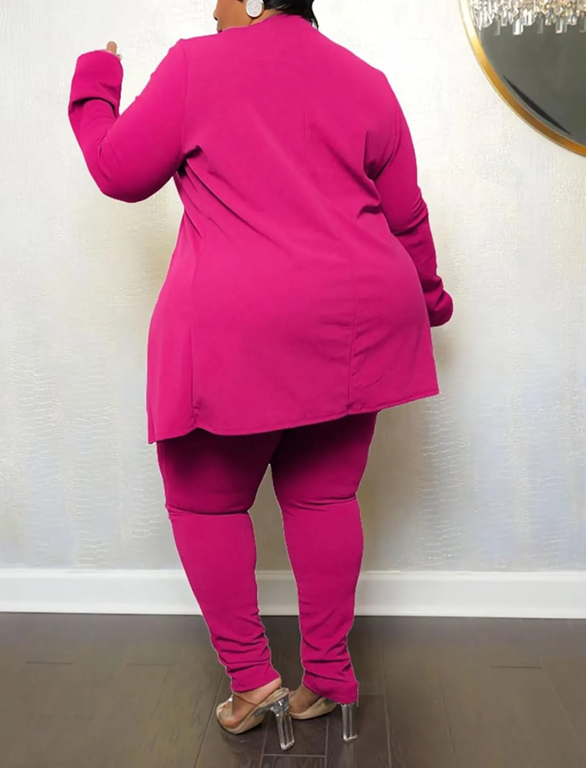 Women's Plus SizeTwo Piece Open Front Long Sleeve Blazer and Elastic Waist Solid Pant Set Suit