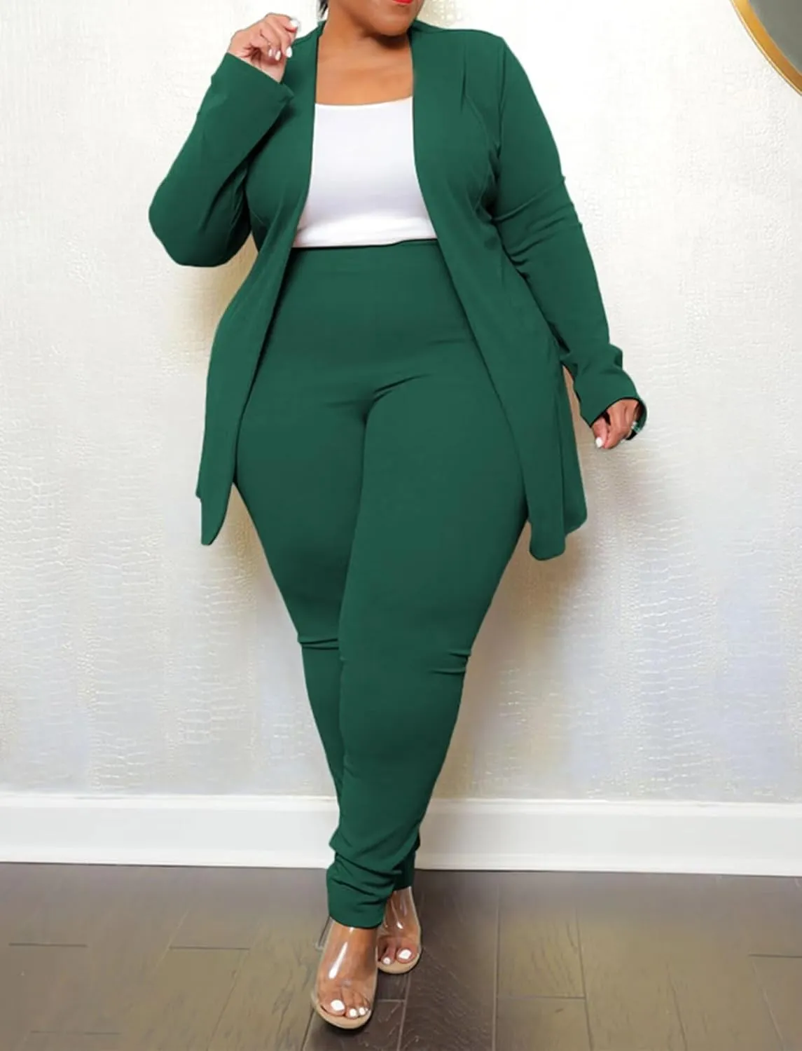 Women's Plus SizeTwo Piece Open Front Long Sleeve Blazer and Elastic Waist Solid Pant Set Suit