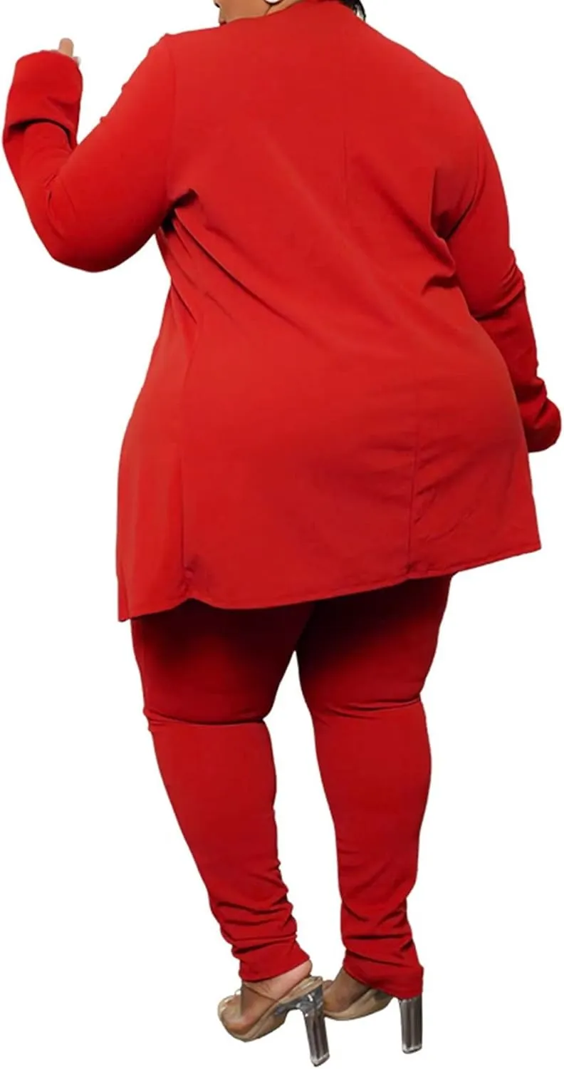 Women's Plus SizeTwo Piece Open Front Long Sleeve Blazer and Elastic Waist Solid Pant Set Suit