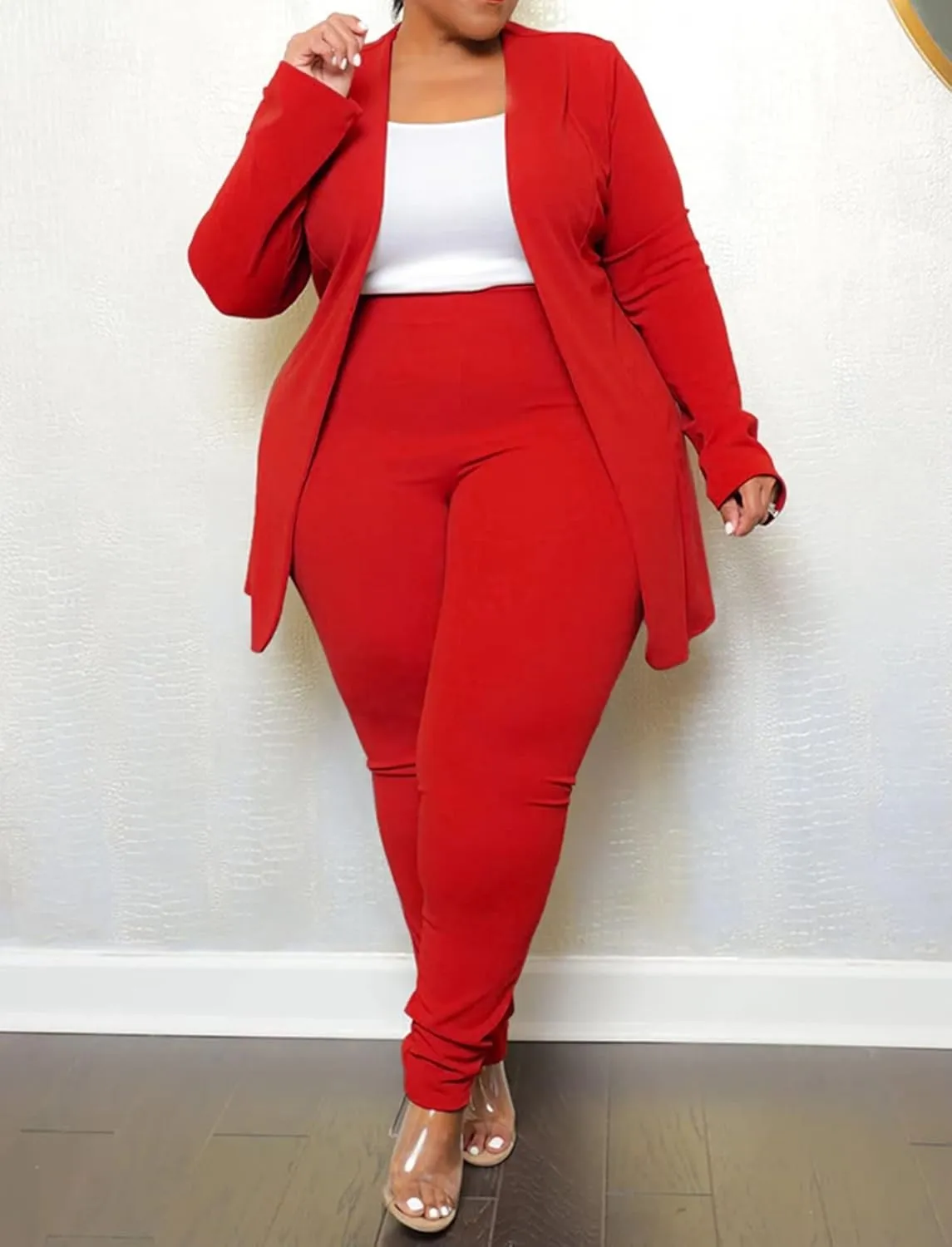 Women's Plus SizeTwo Piece Open Front Long Sleeve Blazer and Elastic Waist Solid Pant Set Suit