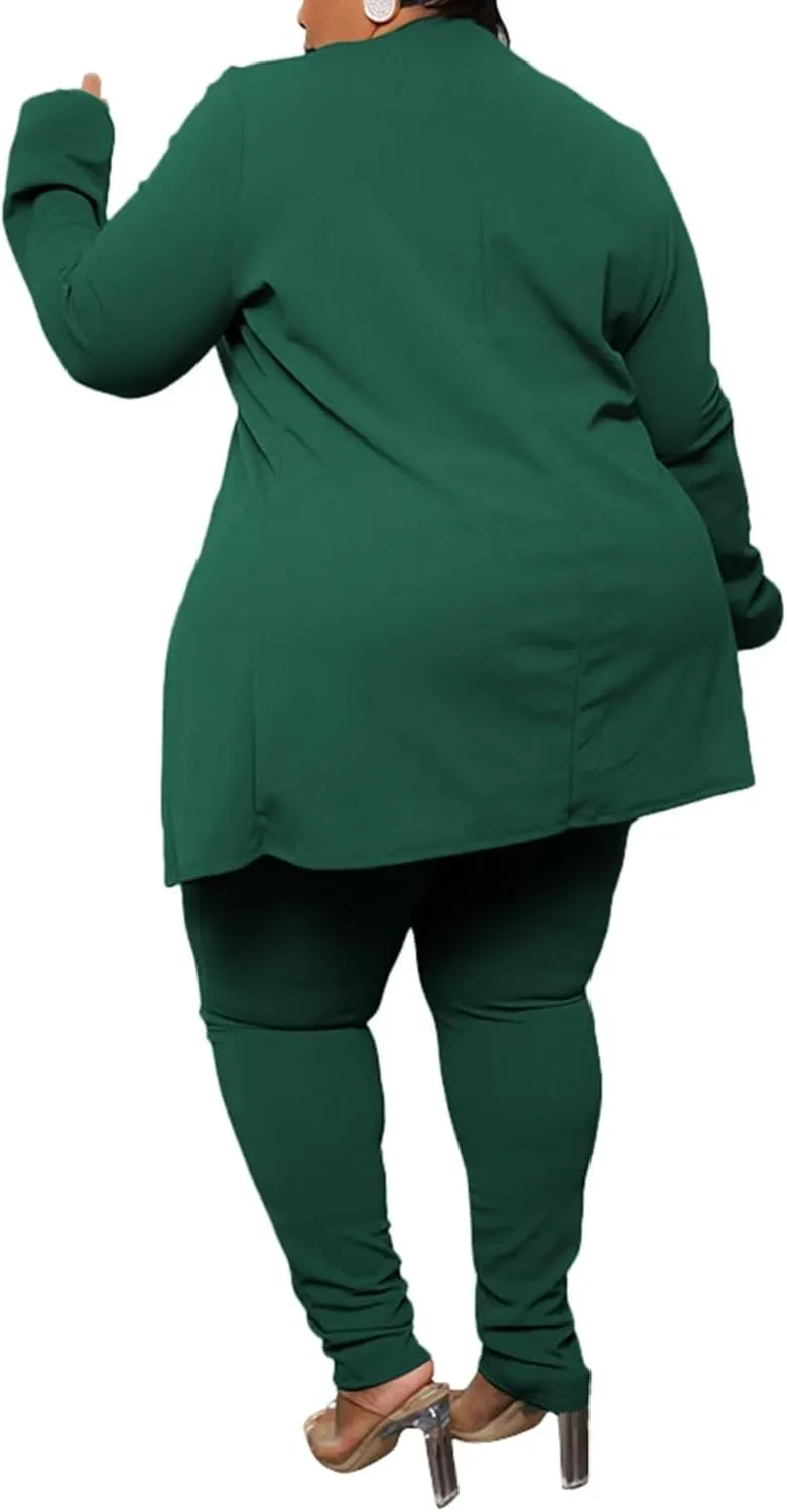 Women's Plus SizeTwo Piece Open Front Long Sleeve Blazer and Elastic Waist Solid Pant Set Suit
