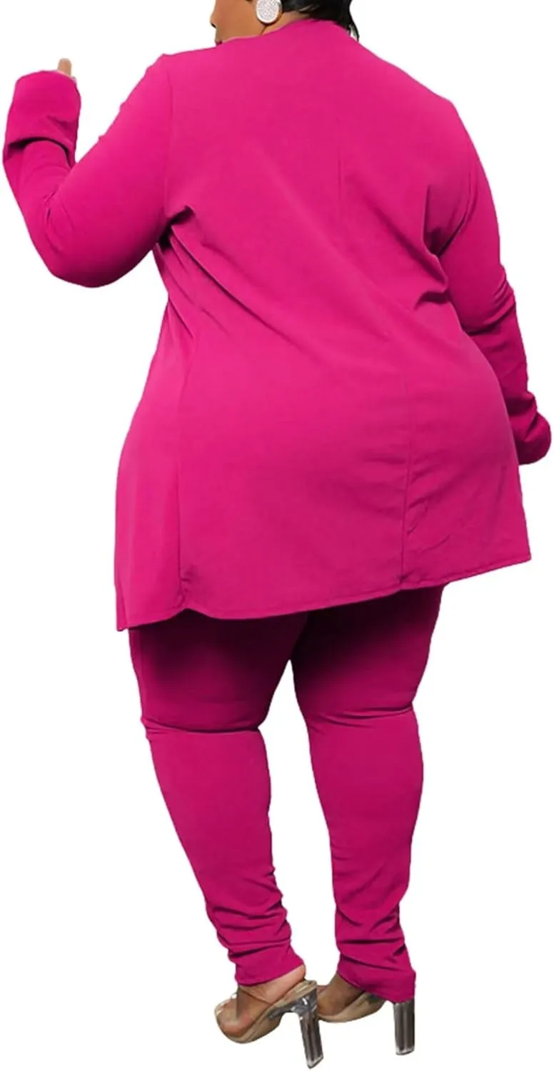 Women's Plus SizeTwo Piece Open Front Long Sleeve Blazer and Elastic Waist Solid Pant Set Suit