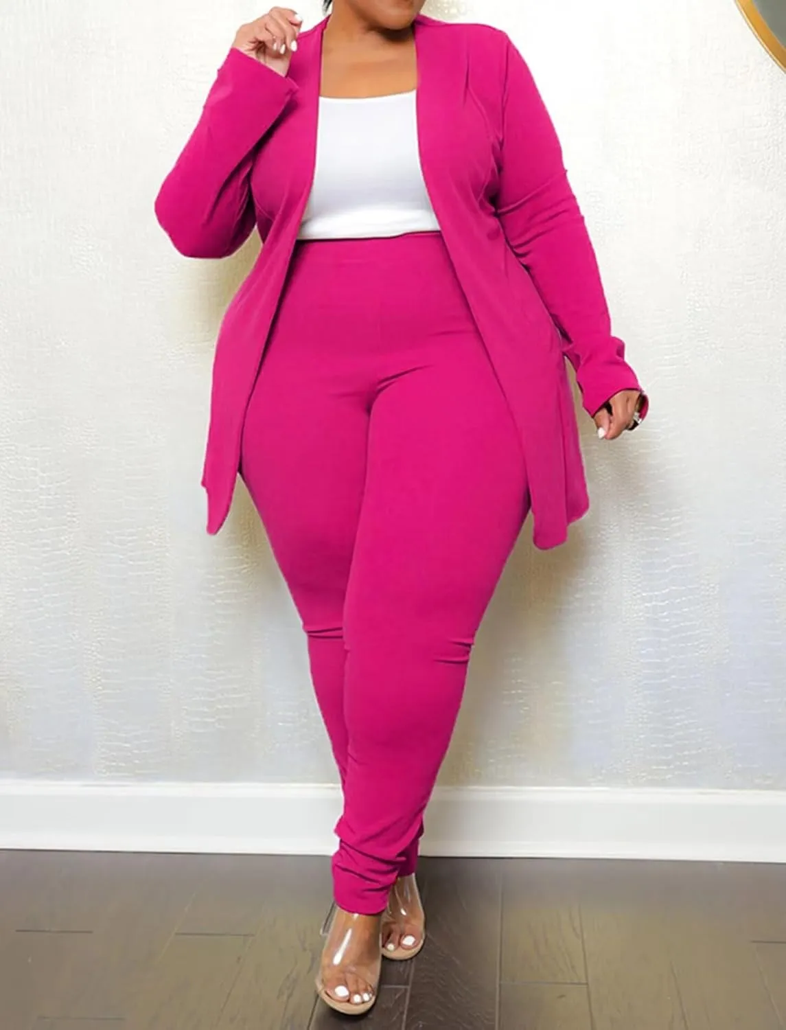 Women's Plus SizeTwo Piece Open Front Long Sleeve Blazer and Elastic Waist Solid Pant Set Suit