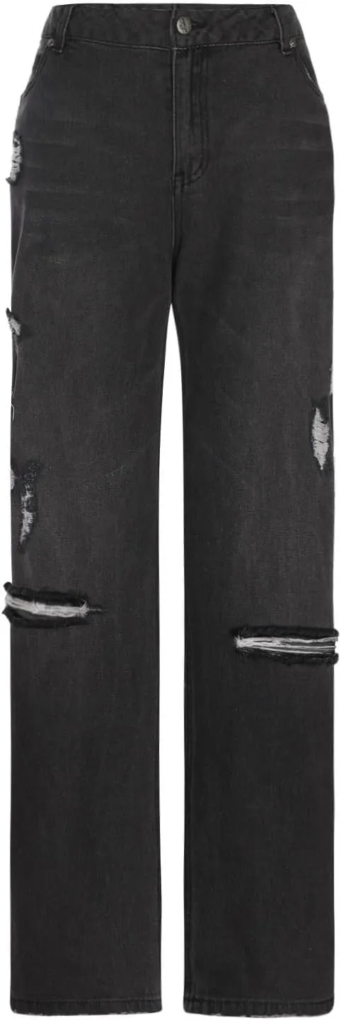 Women's Ripped High Waist Boyfriend Jeans Stretch Baggy Denim Pants Distressed Casual Straight Leg Loose Fit Jeans