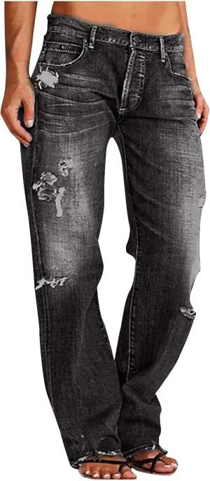 Women's Ripped High Waist Boyfriend Jeans Stretch Baggy Denim Pants Distressed Casual Straight Leg Loose Fit Jeans