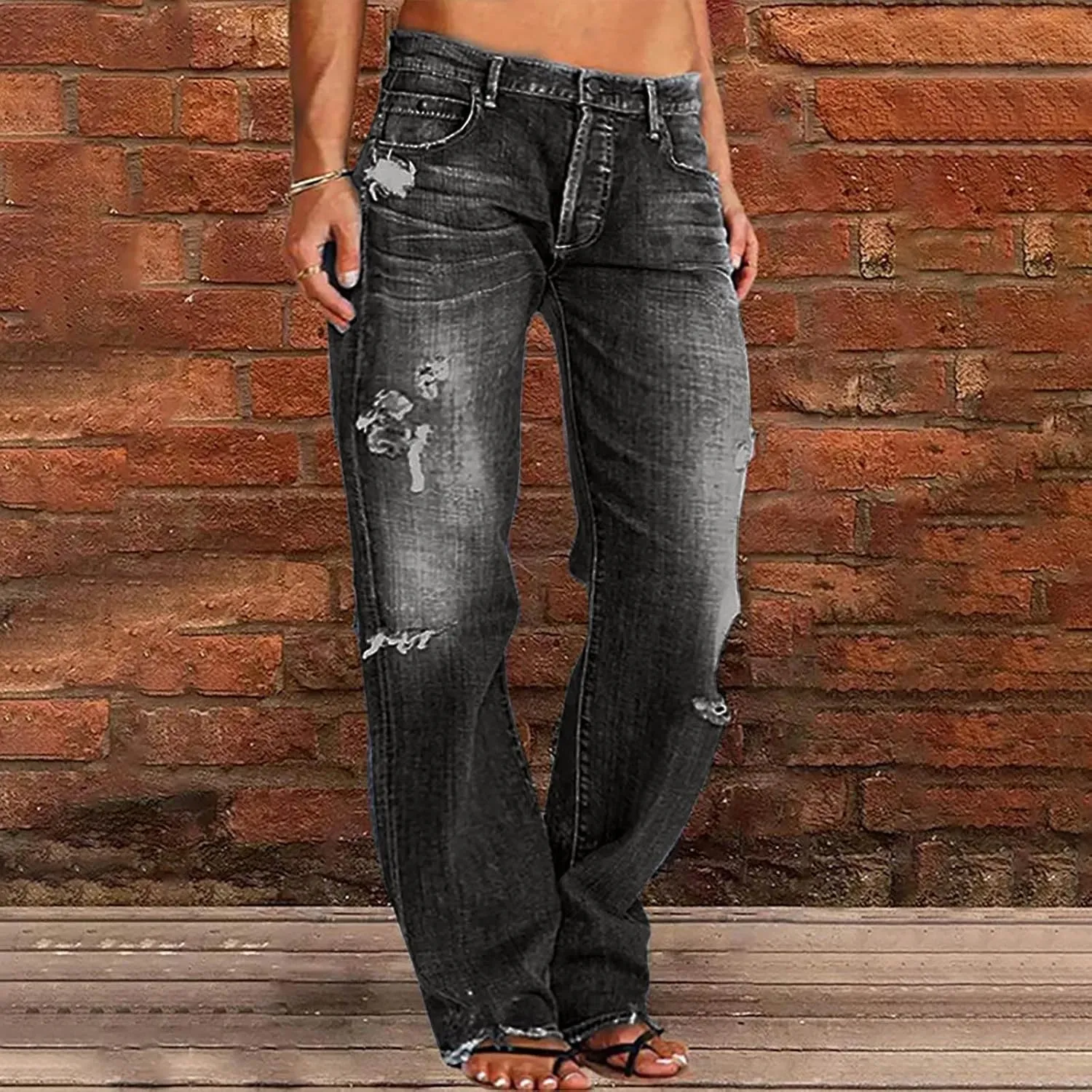 Women's Ripped High Waist Boyfriend Jeans Stretch Baggy Denim Pants Distressed Casual Straight Leg Loose Fit Jeans