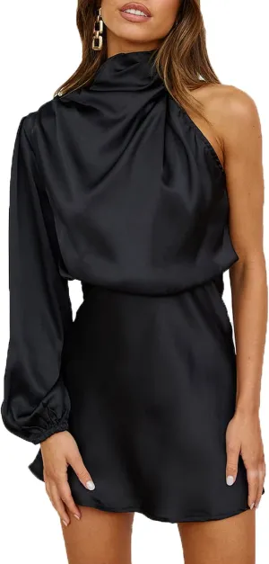 Women's Satin Long Sleeve One Shoulder Mini Dress Silk One Sleeve Turtle Neck Cut Out Cocktail Short Dress for Women