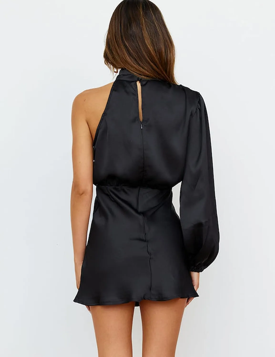 Women's Satin Long Sleeve One Shoulder Mini Dress Silk One Sleeve Turtle Neck Cut Out Cocktail Short Dress for Women