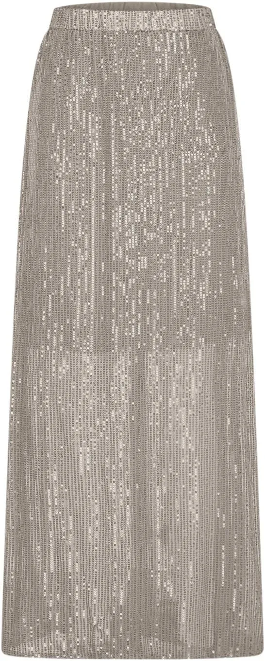 Women's Sequin Skirt for Party Shiny Sparkly A Line Swing Midi Skirt Elastic Wasit Stretch Long Skirts Sparkle Skirt