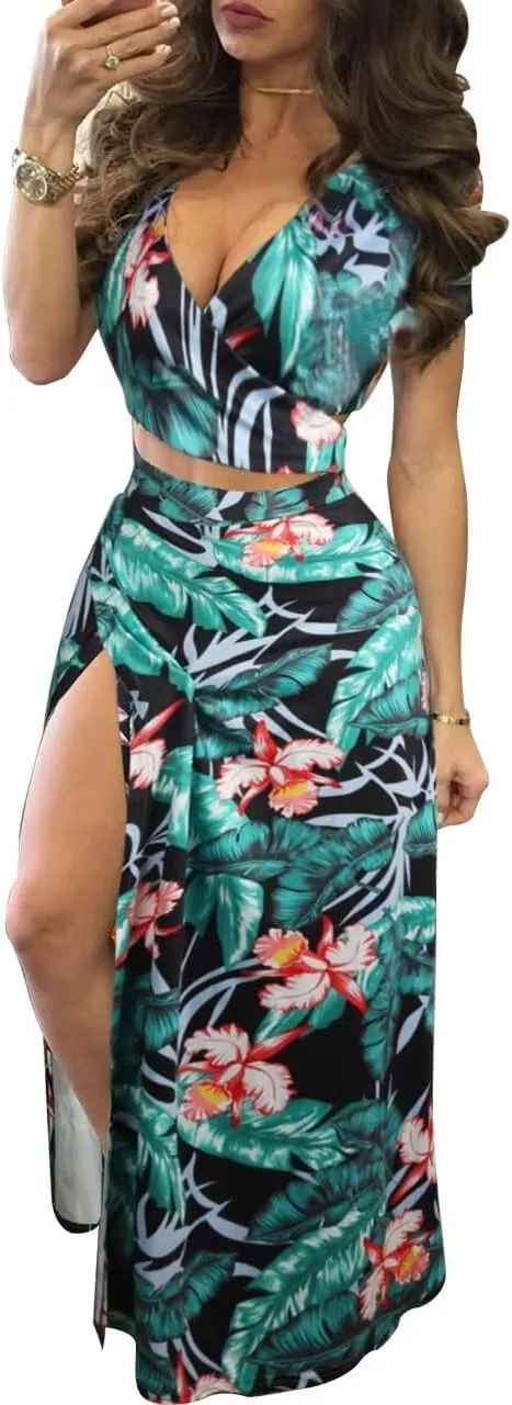 Womens Sexy 2 Piece Outfits Floral Print V Neck Crop Top and High Split Maxi Skirt Sets