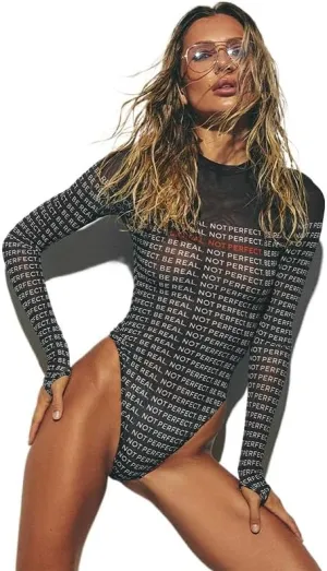 Women's Sexy Bodysuit Long Sleeve Round Neck Sheer Mesh Letter Print See Through Tops Clubwear Going Out Rompers