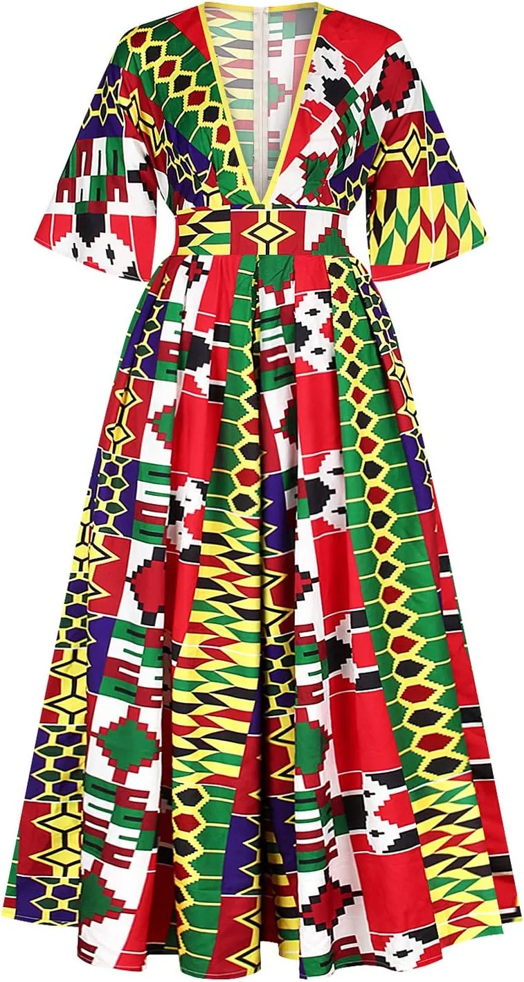 Womens Sexy Boho African Print Jumpsuits V Neck High Waist Wide Leg Long Pants Romper for Casual Party