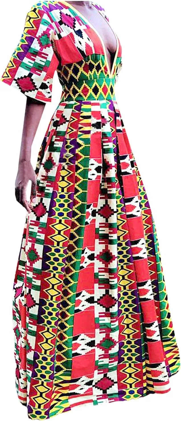 Womens Sexy Boho African Print Jumpsuits V Neck High Waist Wide Leg Long Pants Romper for Casual Party
