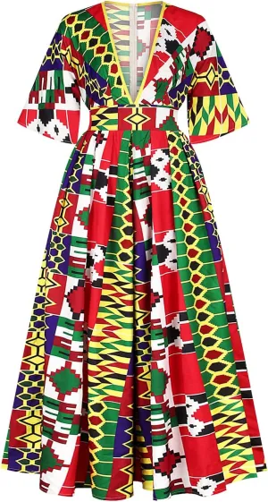 Womens Sexy Boho African Print Jumpsuits V Neck High Waist Wide Leg Long Pants Romper for Casual Party