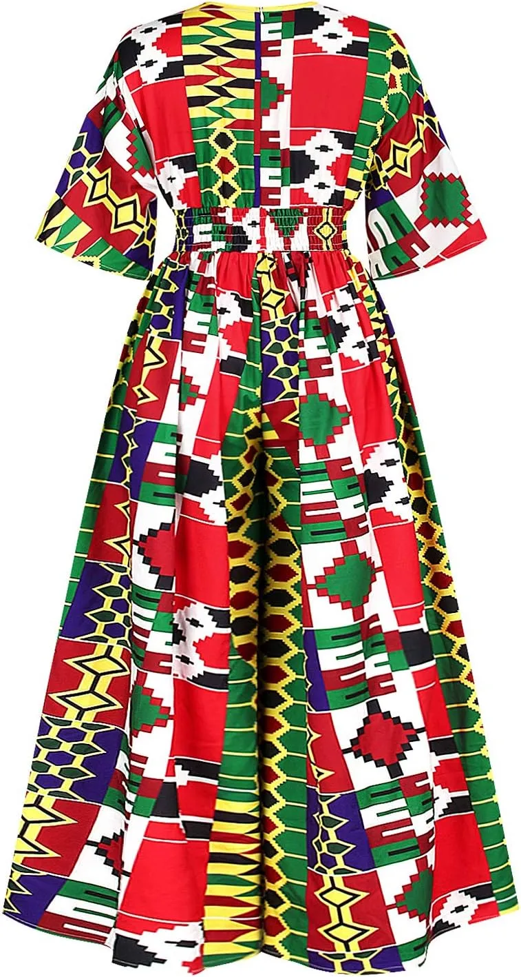 Womens Sexy Boho African Print Jumpsuits V Neck High Waist Wide Leg Long Pants Romper for Casual Party
