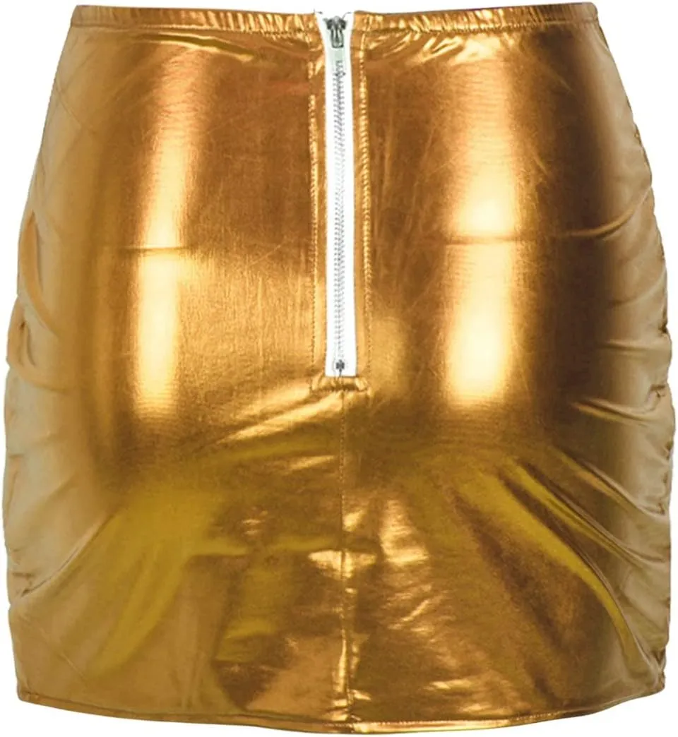 Women's Sexy High Waist Faux Leather Lace Up Side Hollow Out Bodycon Tight Mini Skirt Shiny Metallic Ruched Skirts