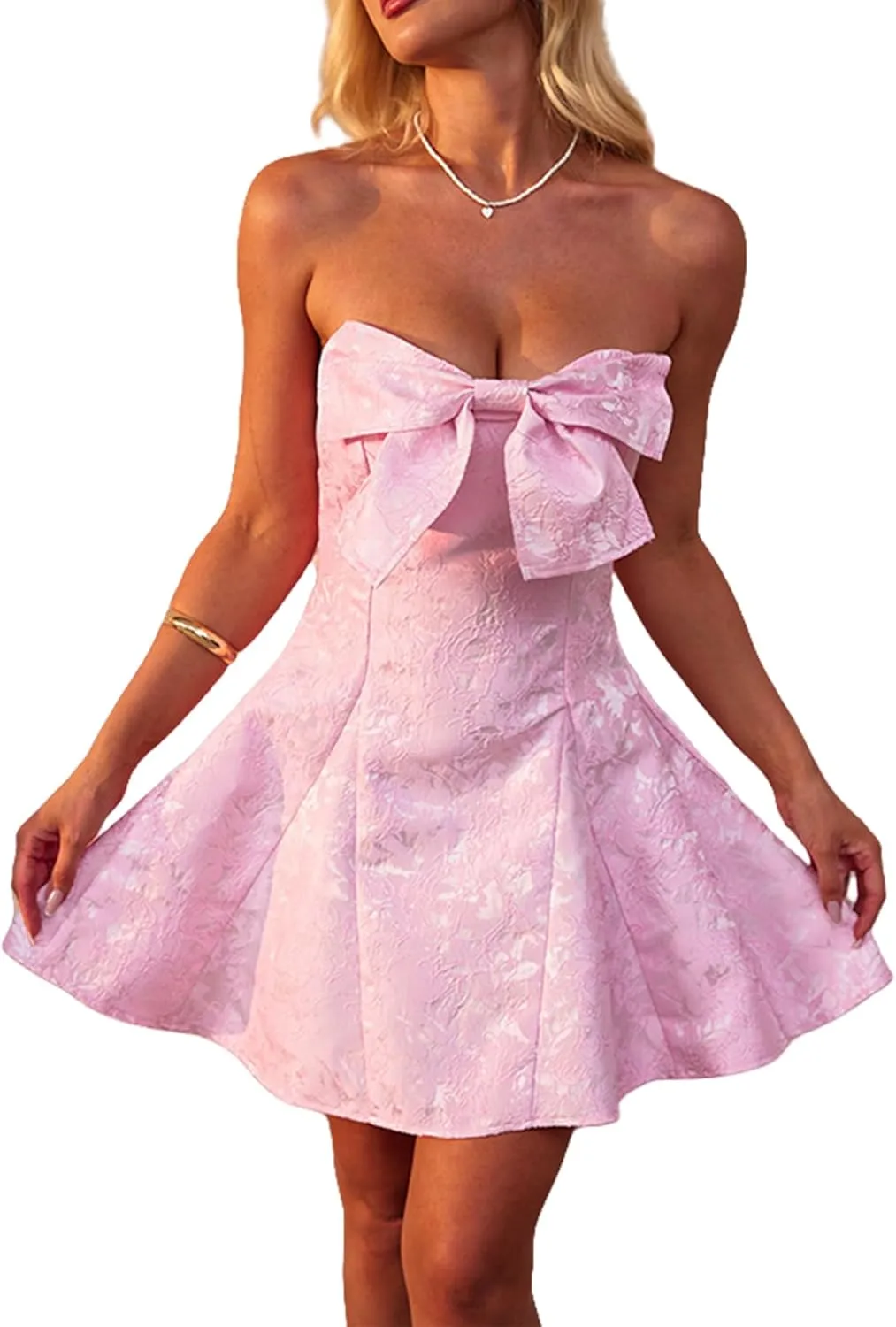 Women's Sexy Strapless Tube Dress with Bow Elegant Flare Formal Dresses Off Shoulder Dress Wedding Dresses for Women
