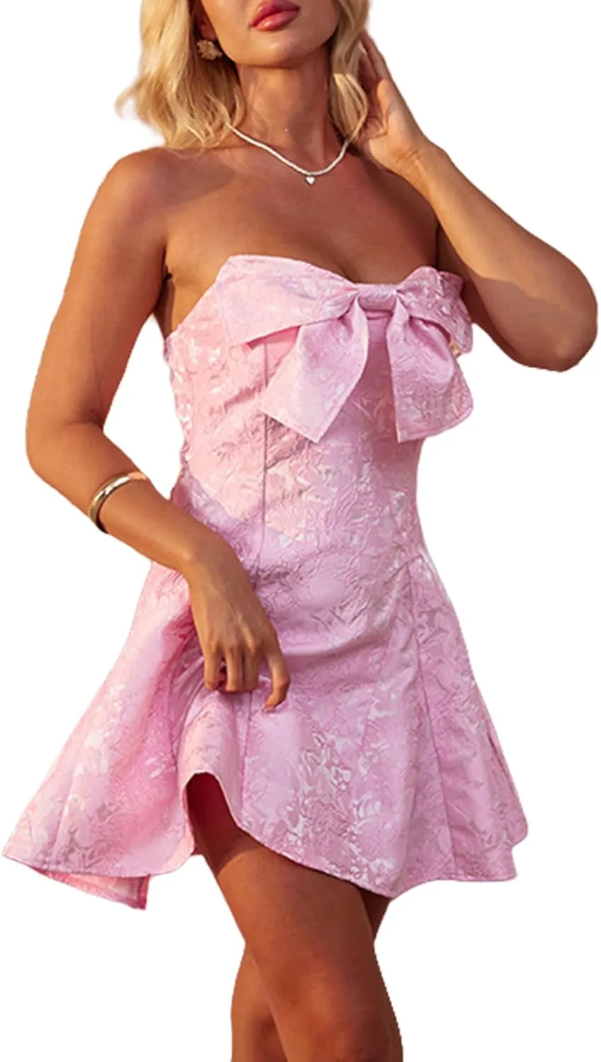 Women's Sexy Strapless Tube Dress with Bow Elegant Flare Formal Dresses Off Shoulder Dress Wedding Dresses for Women