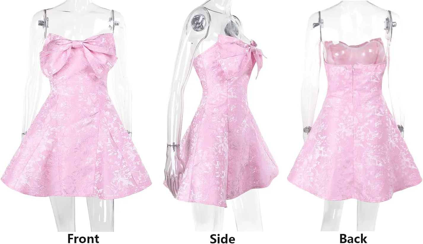 Women's Sexy Strapless Tube Dress with Bow Elegant Flare Formal Dresses Off Shoulder Dress Wedding Dresses for Women