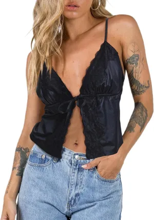 Women's Sexy Tie Front Lace Trim Silk Satin Camisole Crop Tops Spaghetti Strap Cami Tank Top Shirt