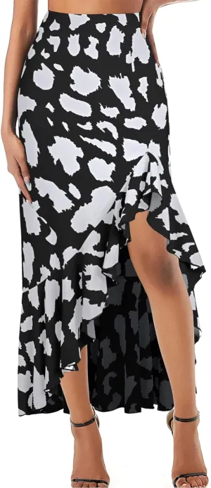 Women's Skirt Midi Length Ruffles Trim High Split Thigh Animal Printed Skirts Zipper Casual Swing Skirts