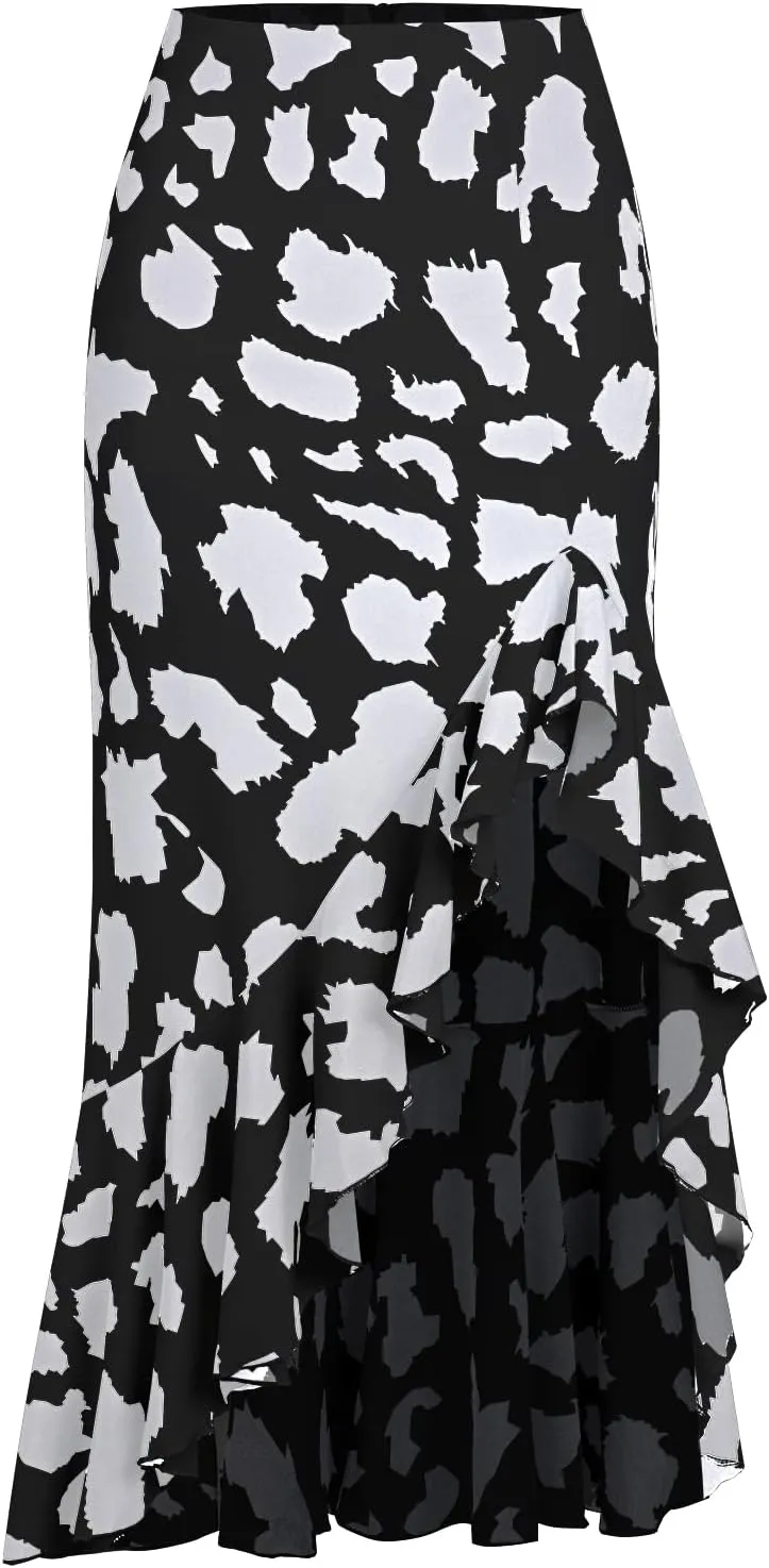Women's Skirt Midi Length Ruffles Trim High Split Thigh Animal Printed Skirts Zipper Casual Swing Skirts