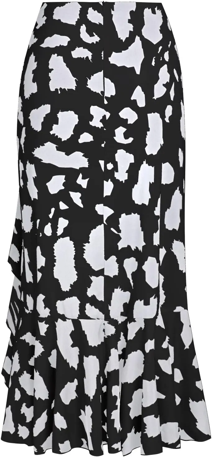 Women's Skirt Midi Length Ruffles Trim High Split Thigh Animal Printed Skirts Zipper Casual Swing Skirts