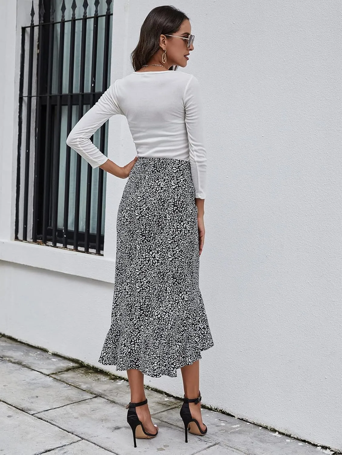 Women's Skirt Midi Length Ruffles Trim High Split Thigh Animal Printed Skirts Zipper Casual Swing Skirts