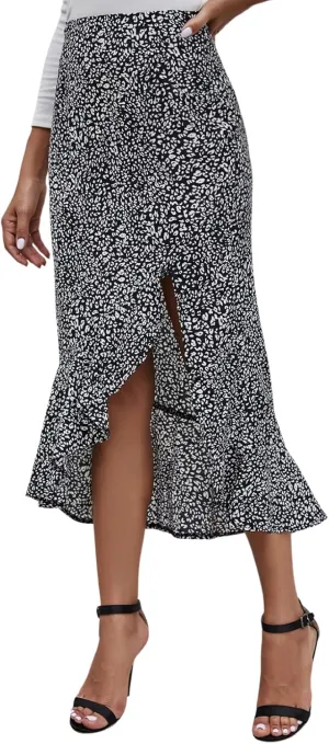 Women's Skirt Midi Length Ruffles Trim High Split Thigh Animal Printed Skirts Zipper Casual Swing Skirts