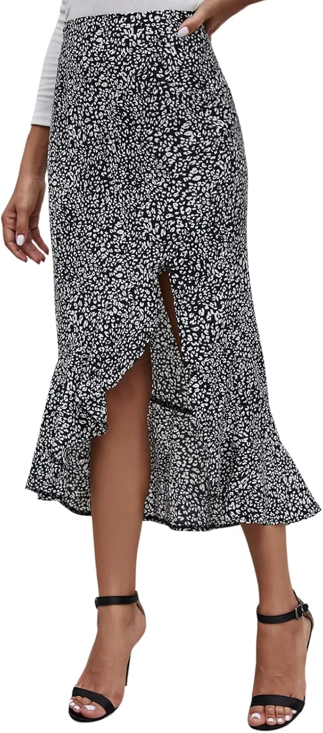 Women's Skirt Midi Length Ruffles Trim High Split Thigh Animal Printed Skirts Zipper Casual Swing Skirts