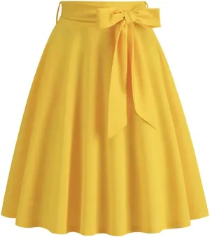 Women's Solid Color Mini Skirt Front Pocket Belt Vintage Short Skirt Elastic Waist Midi Skirt
