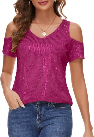 Womens Sparkly Sequin Top V Neck Cold Shoulder Glitter Short Sleeve Dressy Party Blouse Shirts