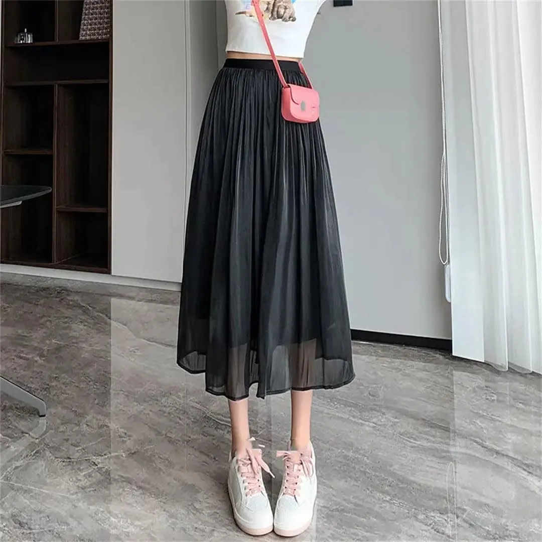 Women's Spring and Summer Solid Color High Waist Elastic Gauze Pleated A-Line Appear Thin Casual Skirt