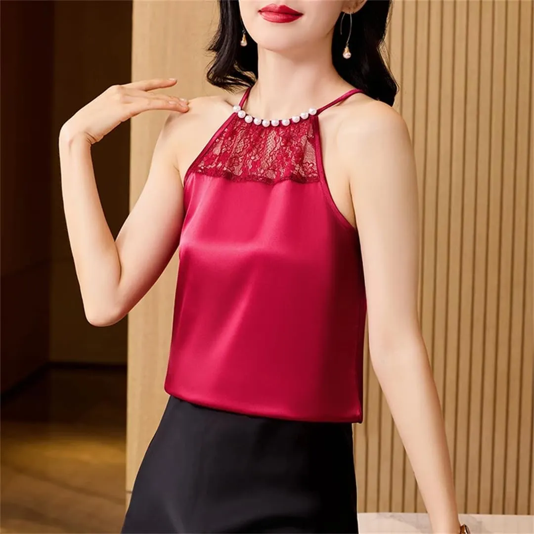 Women's Spring Summer Beaded Lace Camisole Sleeveless Patchwork Silk Satin Beaded Tank Tops