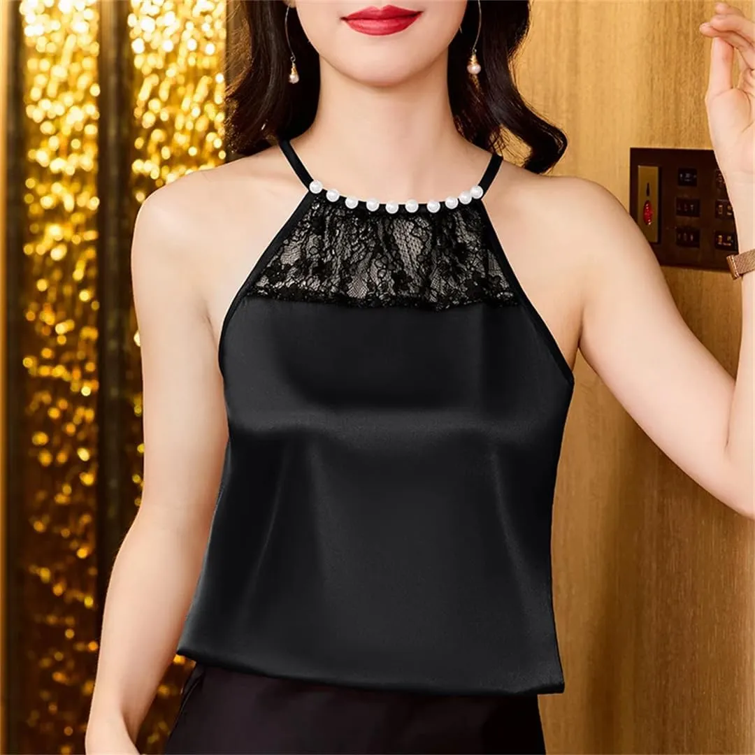 Women's Spring Summer Beaded Lace Camisole Sleeveless Patchwork Silk Satin Beaded Tank Tops