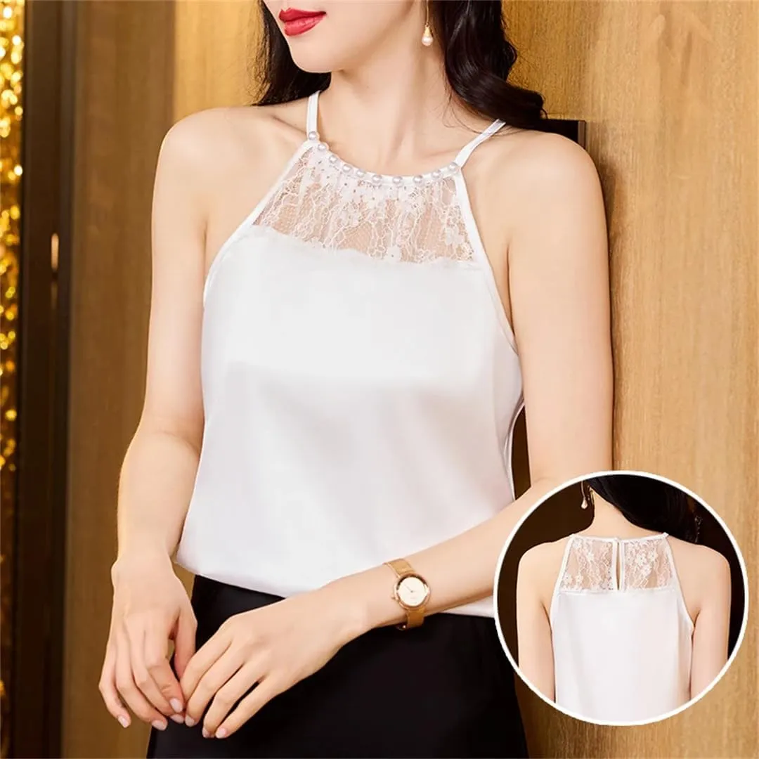 Women's Spring Summer Beaded Lace Camisole Sleeveless Patchwork Silk Satin Beaded Tank Tops