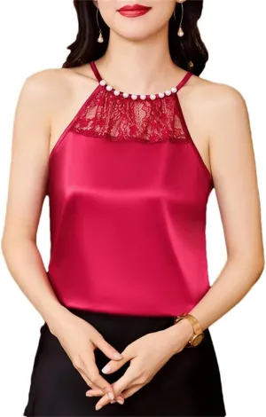 Women's Spring Summer Hanging Neck Beaded Lace Camisole Sleeveless Camis Patchwork Silk Satin Beaded Tank Tops