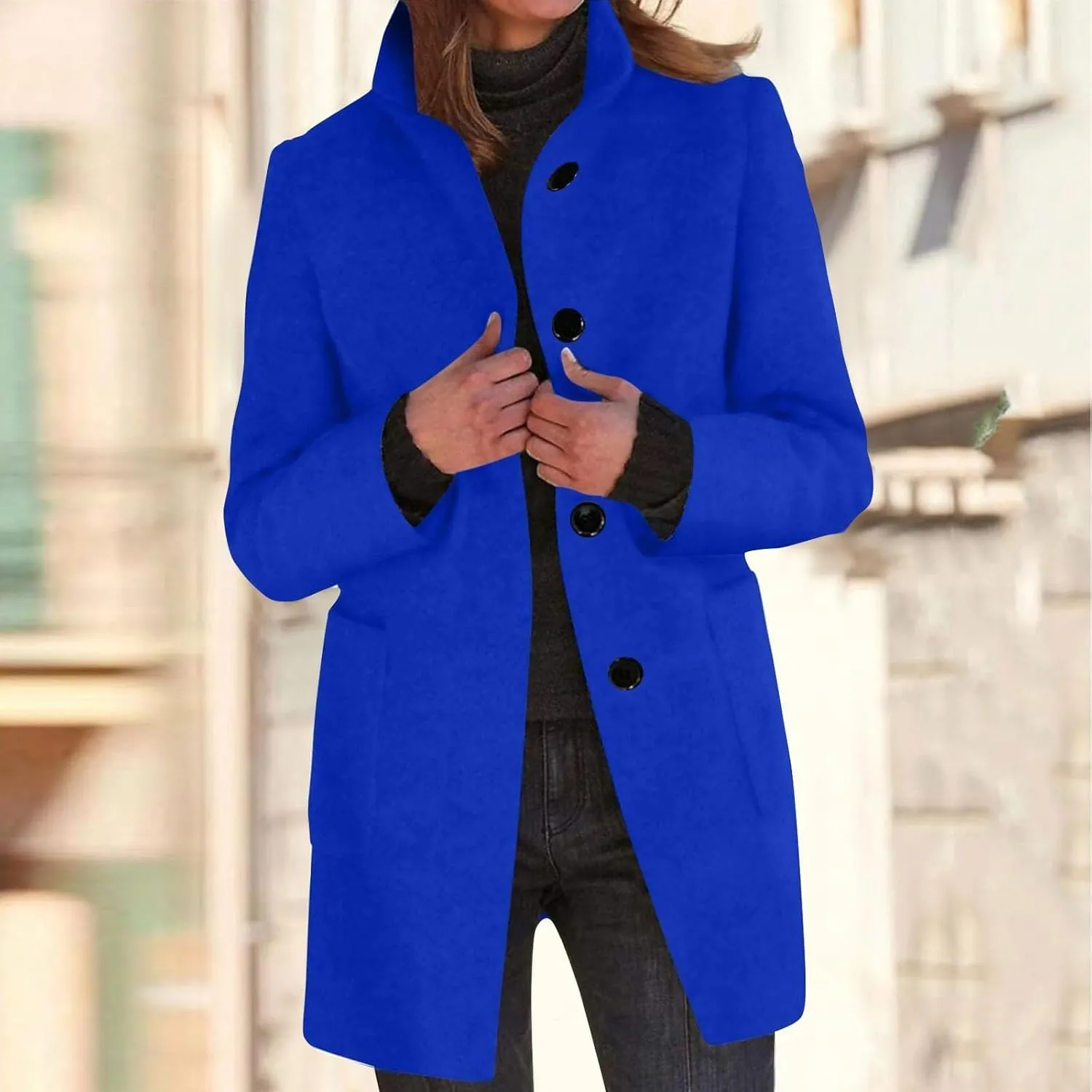 Women's Stand Up Collar Single Breasted Pea Coat Winter Casual Medium Length Trench Coat Solid Colour With Pockets Jacket