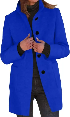 Women's Stand Up Collar Single Breasted Pea Coat Winter Casual Medium Length Trench Coat Solid Colour With Pockets Jacket
