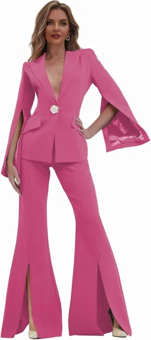 Womens Suit 2 Piece Set Business Blazer Bell Bottoms Casual Sleeve Placket Suit Peak Lapel Prom Tuxedo for Evening Party