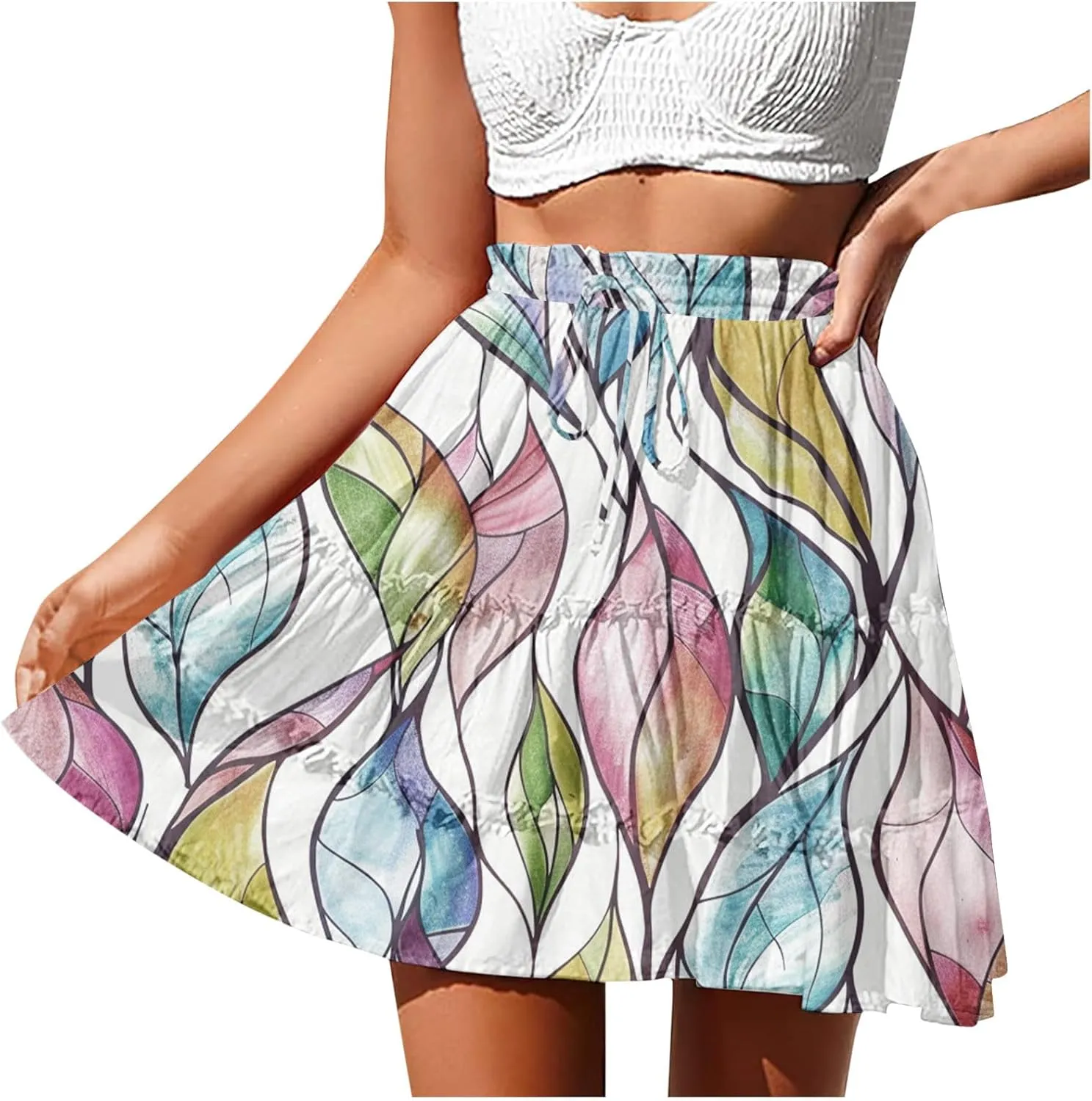 Womens Summer 2024 Tulle Long Skirts Irregular Hem High Waist Skirt Pleated Printed Mesh Midi Skirts for Ladies