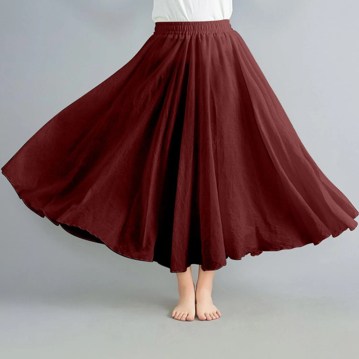 Women's Summer Beach Elastic High Waist A Line Long Skirts Trendy Casual Vacation Loose Solid Color Flowy Midi Skirt
