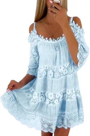Womens Summer Cold Shoulder Lace Floral Flowy Dress Short Sleeve Tiered Babydoll Mini Dresses