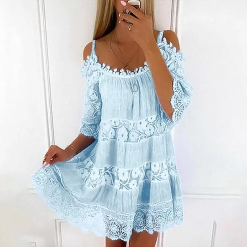 Womens Summer Cold Shoulder Lace Floral Flowy Dress Short Sleeve Tiered Babydoll Mini Dresses