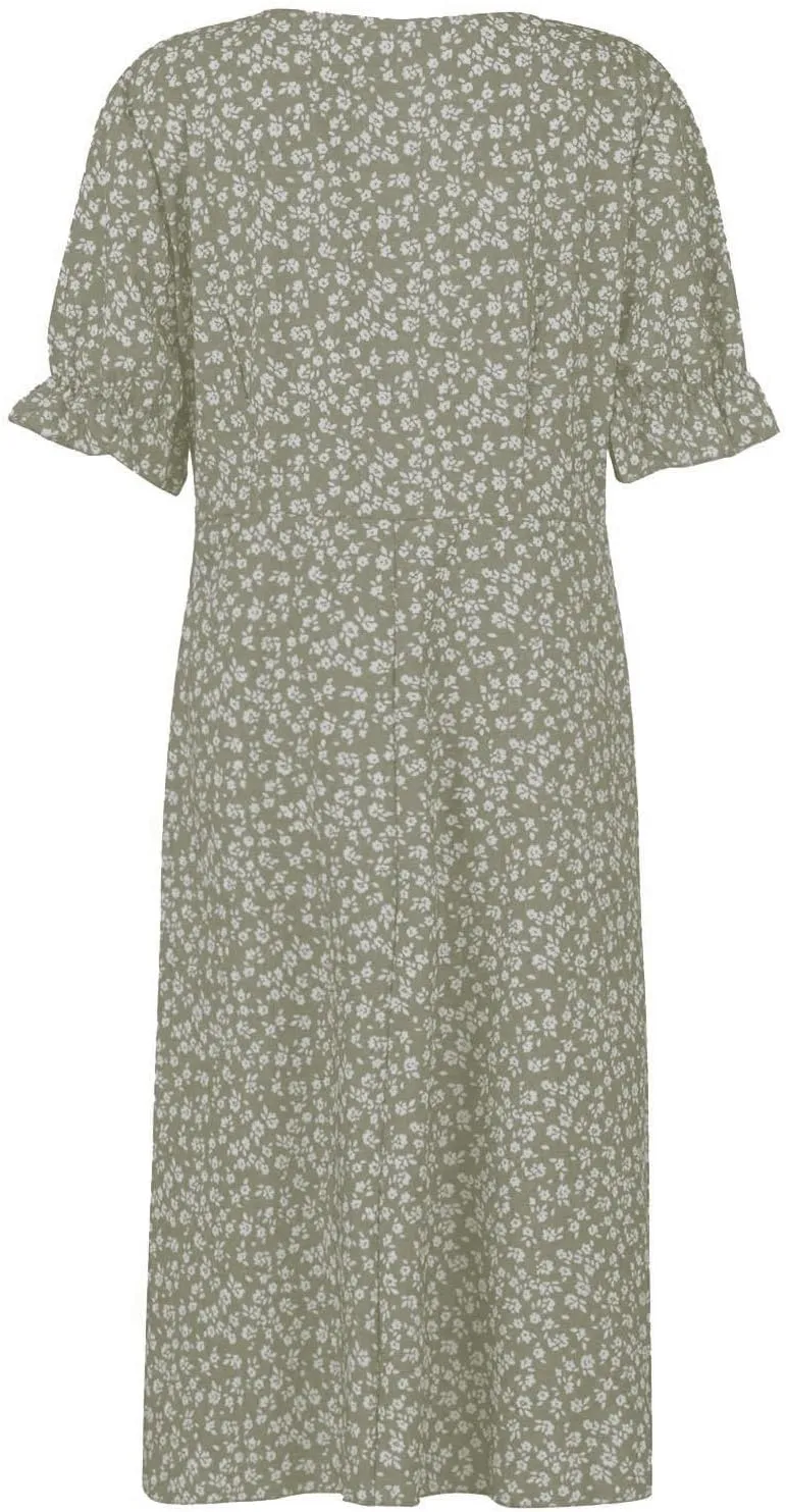 Women's Summer Dress Bohemianes Floral Printed Wrap A Line V Neck Flounce Sleeve Flowy Ruffle Midi Button Polka Dot Beach