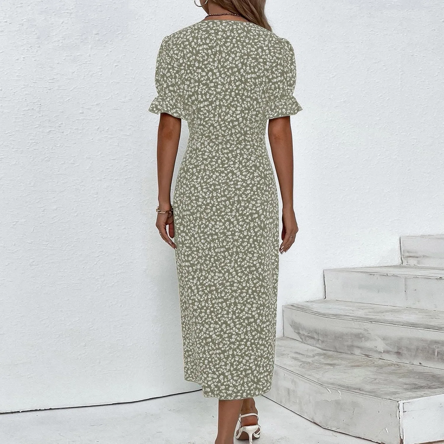 Women's Summer Dress Bohemianes Floral Printed Wrap A Line V Neck Flounce Sleeve Flowy Ruffle Midi Button Polka Dot Beach